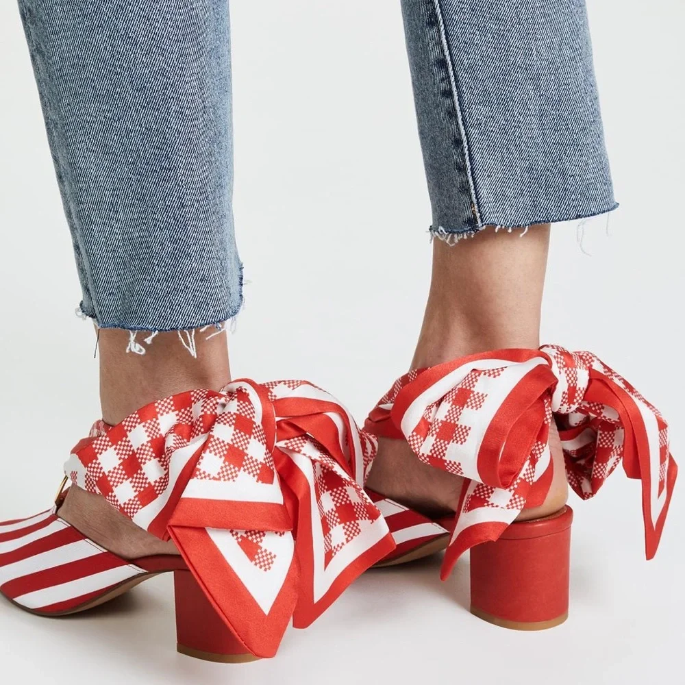 NWOB Mother of Pearl Canvas Amber Mules in Red/White - Picture 2 of 5